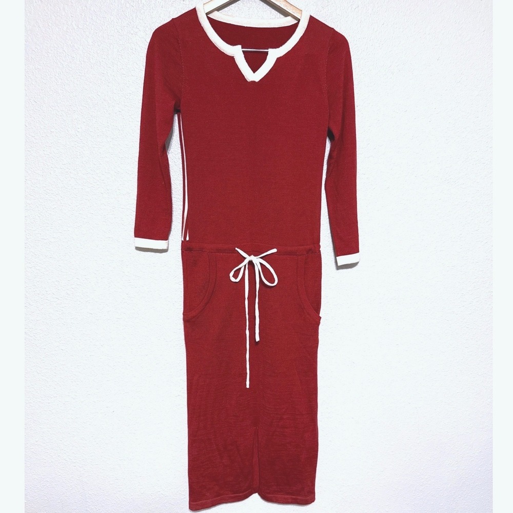Red Knit Sporty Midi Dress SM Long Sleeve Drawstring White Trim VTG 70's?‎ Retro